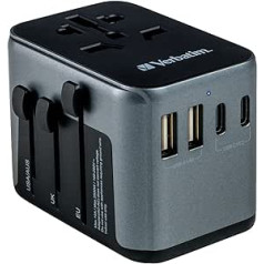 Verbatim universālais ceļojumu adapteris UTA-03 ligzdas adapteris ar 2 USB-A un 3 USB-C pieslēgvietām, ātro lādētāju klēpjdatoram, mobilajam tālrunim, kamerai un citiem, ceļojumu spraudnis visā pasaulē, 100-250 V