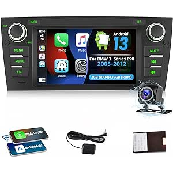 Podofo Autoradio Für BMW E90 2005-2012 ar Wireless Apple Carplay Android Auto, 2+32G 7 Zoll Android Radio un Bildschirm Bluetooth WLAN GPS RDS radio + Rückfahrkamera