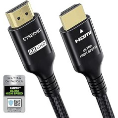 Etseinri 8K 4K HDMI 2.1 kabelis 6 m, sertificēts 48 Gb/s īpaši liela ātruma HDMI kabelis 4K 120Hz 8K 60Hz 10K eARC HDCP 2.2 un 2.3 Dynamic HDR D.olby Atmos Saderīgs ar PS5 Xbox HDTV monitoru