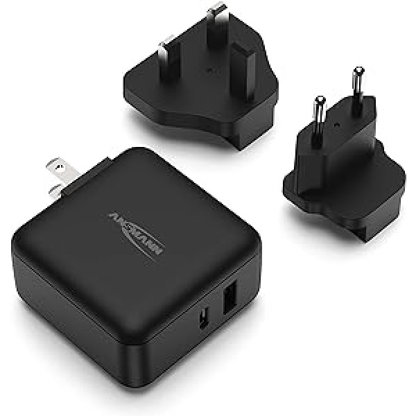 ANSMANN ceļojumu USB lādētājs 30 W ātrās uzlādes universālais ceļojumu adapteris ceļojumu spraudnis ar 1 x USB A portu + 1 x USB C un maiņstrāvas ligzdas adapteris ar saderīgiem maināmiem spraudņiem ASV UK Eiropas adapterim