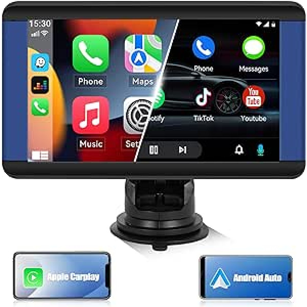 CAMECHO bezvadu Apple CarPlay un Android automašīnas portatīvais automašīnas radio, 7 collu IPS Carplay displejs, atbalsta Bluetooth brīvroku ierīci, Siri/Google Assistant/Mirror Link/Tape-C