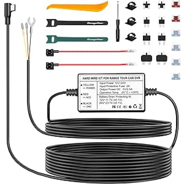 Range Tour Dashcam Hardwire komplekts, USB-C 12V-24V līdz 5V cieto vadu automašīnas lādētāja kabeļa komplekts ar drošinātāju un drošinātāju pieskāriena kabeli Dashcam GPS stāvvietas režīmam un zemsprieguma aizsardzībai