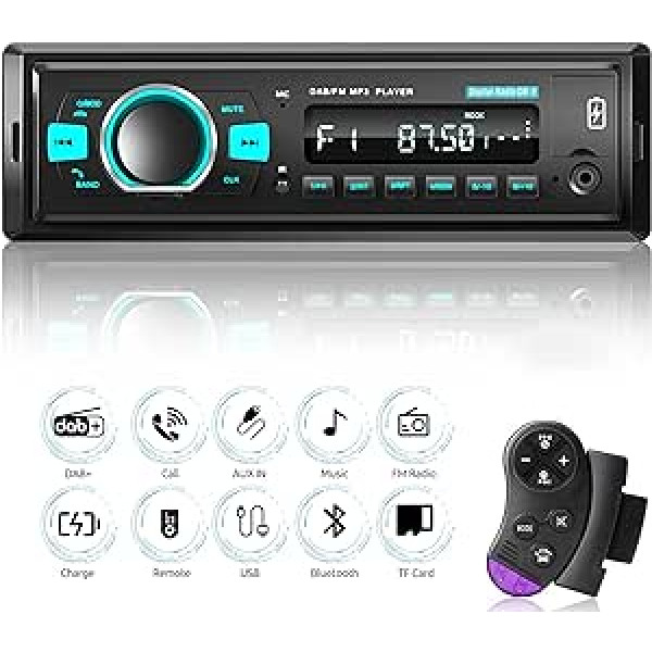 Rimoody DAB automašīnas radio 1 DIN Bluetooth automašīnas radio ar Bluetooth brīvroku komplektu FM radio / DAB/ DAB+ / USB / TF / Aux in / EQ MP3 atskaņotājs ar tālvadības pulti Stūres vadības radio Stereo Quick