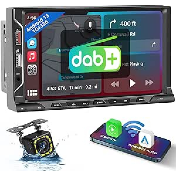 Hikity DAB+ Car Radio Double DIN ar Sat Nav Wireless Apple Carplay Android Car 7 collu skārienekrāna automašīnas radio ar GPS WiFi Mirror Link Bluetooth brīvroku komplekts FM RDS AUX 2USB atpakaļgaitas kamera