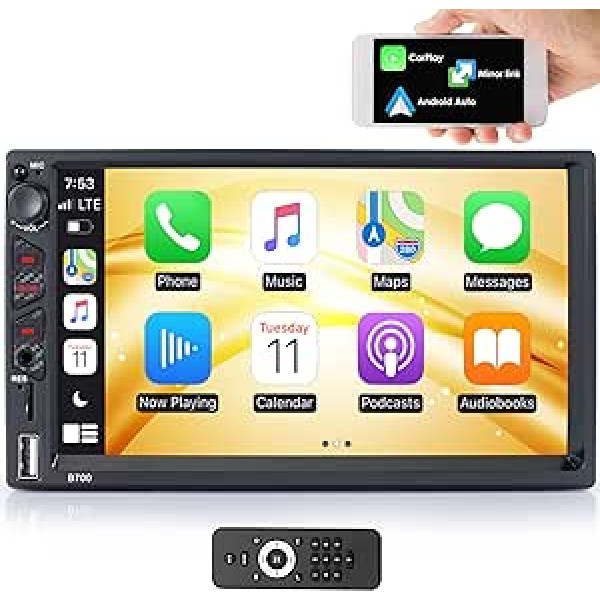 iFreGo Car Radio Double DIN 7 collas, savietojams ar Apple CarPlay un Android Car, skārienekrāna multivides radio uztvērējs ar Bluetooth un atpakaļgaitas kameru, tālruņa spoguļa saite, AM/FM USB