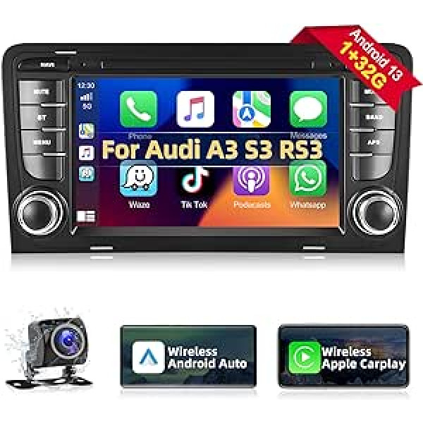 Podofo auto radio priekš Audi A3 S3 RS3 2003-2012 ar bezvadu Apple Carplay, 7 collu Android 13 automašīnas radio ar ekrānu, Bluetooth, HiFi, Android Car, WiFi, GPS, RDS + atpakaļgaitas kameru un mikrofonu