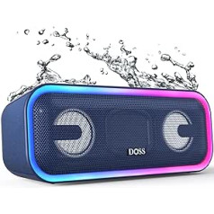 DOSS SoundBox Pro Plus Bluetooth garsiakalbis, 24 W garsiakalbių dėžutė, muzikos dėžutė su šviesos efektais, papildomi žemieji dažniai, belaidis stereofoninis atskyrimas, atsparus vandeniui pagal IPX5, 15 H baterija, AUX įėjimas, TF kortelės 