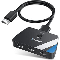 NEWCARE HDMI jungiklis 3 viename išvestis su 2,6 pėdų HDMI kabeliu, 4K @ 60 Hz HDMI perjungiklio skirstytuvu, 3 prievadų HDMI skirstytuvo jungikliu, palaikymu Dolby Atmos HDR10 3D, skirtu Roku TV Fire Stick (4K @ 60 Hz HDMI jungiklis juodas)