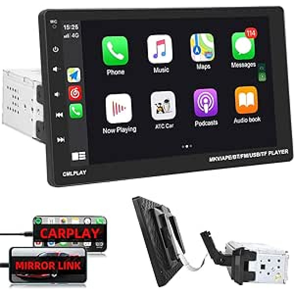 1 DIN automašīnas radio ar Carplay Android Car, 9 collu noņemams ekrāns ar Bluetooth brīvroku ierīci, 1080P HD skārienekrāna automašīnas radio atbalsts MirrorLink FM SWC USB AUX + atpakaļgaitas kamera