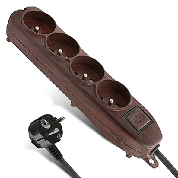 FISHTEC - Power strip 4 sockets - Wood pattern - Switch - Length of power cord 1.5 m - Brown power strip for home, office, bedroom - Cable 1mm² - CE and NF standards - Wood effect