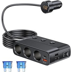 12V/24V cigarečių degiklio skirstytuvas 127W PD QC3.0 USB automobilinio įkroviklio adapteris su 3 lizdais ir 4 prievadų USB, cigarečių žiebtuvėlio skirstytuvas su LED voltmetru ir jungikliu, skirtas išmaniajam telefonui/kamerai/GPS