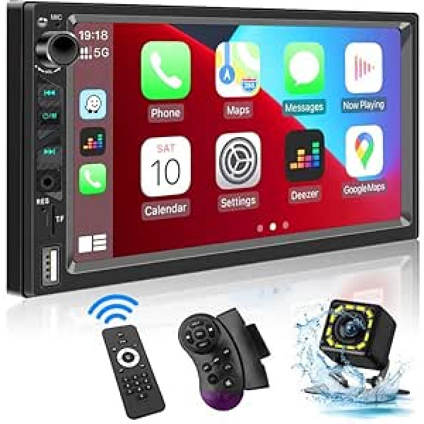 Automašīnas radio 2 DIN savietojams ar Apple CarPlay, Android Car un Voice Assistant, 7 collu HD ekrāns ar Bluetooth 5.1/atpakaļgaitas kameru/USB/ātrā uzlāde/SWC/TF/AV-In/Mirrorlink/AM & FM un RDS radio