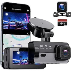 EVARY Dash Cam automašīnas priekšā un aizmugurē 4K ar GPS 5 GHz WiFi Dash Cam ar 64 GB SD automašīnas kameru bezvadu režīmā ar stāvvietas uzraudzību/170° platleņķa/360° rotējošu piesūcekni/Super Night Vision/Cilpas ierakstīšanu