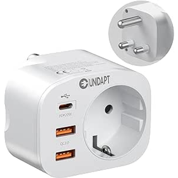 Unidapt Vācijas–Dienvidāfrikas adapteris, M tipa ceļojumu adapteris ar 3 USB un 1 USB C 20 W PD, ligzdas adapteris Dienvidāfrikai, Namībija, Lesoto, Mozambika