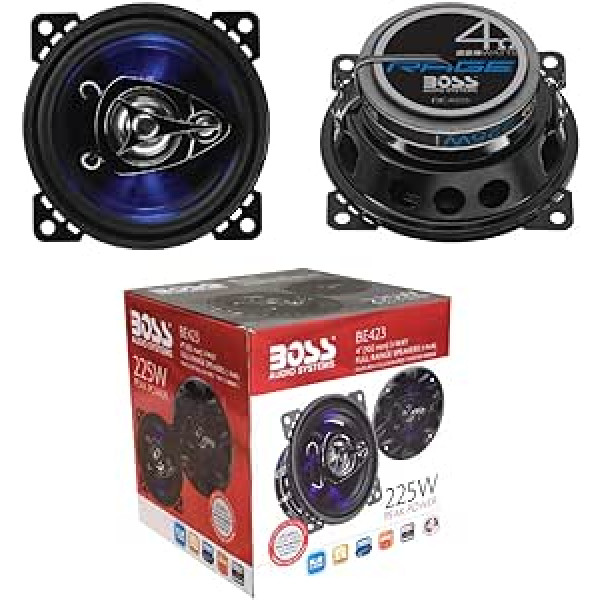 2 skaļruņi saderīgi ar Boss audio sistēmām BE423 BE 423 3 virzienu koaksiālais kabelis 10,00 cm 100 mm 4 collu diametrs 112 W RMS un 225 W Max 4 Ohm 90 dB ar zilu LED un gumijas balstiekārtu uz pāri