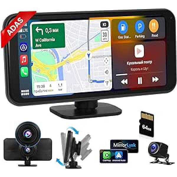 Hikity pārnēsājams bezvadu Carplay Android automašīnas radio ar ADAS palīgsistēmu 6,25 collu Carplay displeja automašīnas radio ar Dash Cam Bluetooth FM Mirror Link WiFi video 64G TF kartes nakts redzamības kamera