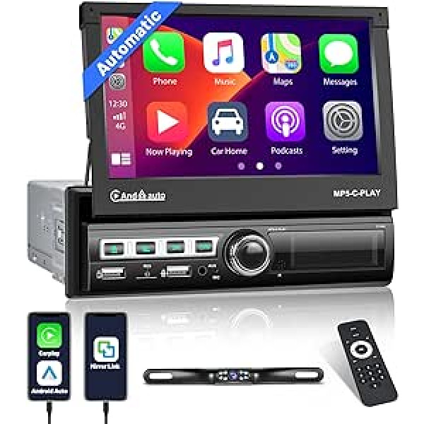 Automašīnas radio 1 Din ar Carplay Android automašīnas automātisko izvelkamo ekrānu 7 collu skārienekrāna automašīnas radio ar Bluetooth brīvroku komplektu AUX USB FM spoguļa saites atpakaļgaitas kamera