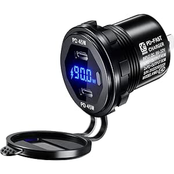 KEWIG USB Cigarette Lighter Charger, PD Type C Car Charger Dual Port 9 V ~ 32 V 90 W Car Charger Adapter with LED Digital Voltmeter Display Switch Fit for Motorcycle, Caravan, Boat, Truck, Marine