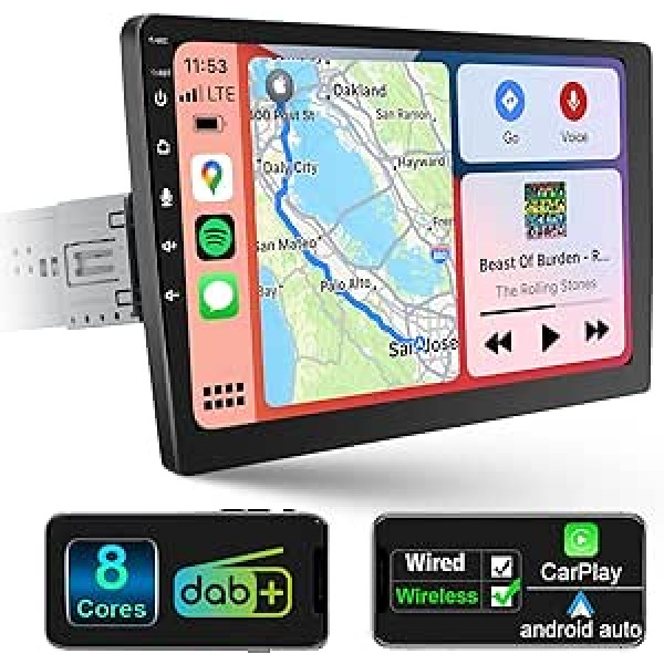 Android Car Radio 1 DIN Wireless Carplay Android Car Radio Touch Displejs Iebūvēts DAB+, 10,1 collas HD ekrāna automašīnas radio ar navigācijas sistēmu, WiFi 4G GPS AM/FM RDS atpakaļgaitas kamera, 8 kodolu 2G + 32G