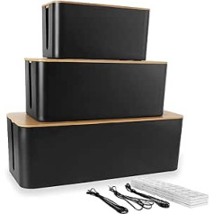APasirinktas 3 kabelių dėžutės rinkinys, juoda, didelė kabelių laikymo dėžutė su mediniu dangteliu kabeliams, didelis ir mažas kabelių valdymo dėžutės adapteris, maitinimo juostos, kabelių slėpimo dėžutė