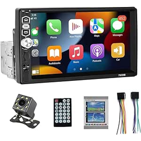 VIGORTHRIVE CarPlay 1 DIN Android automašīnas radio ar atpakaļgaitas kameru, 8 LED, skārienekrāns, HD 7 collu stereo, atbalsta Bluetooth, spoguļa saiti, FM, EQ, USB, AUX stūres tālvadības pulti