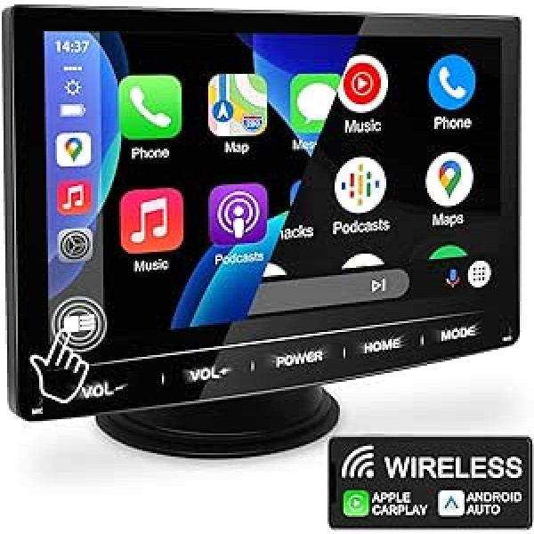 URVOLAX bezvadu Apple Carplay Android automašīna, 7 collu HD IPS pārnēsājams skārienekrāna Carplay displejs, automašīnas atskaņošanas monitors Atbalsta Bluetooth 5.0/AUX/FM/GPS Navi/Airplay/Mirror Link 12-24V