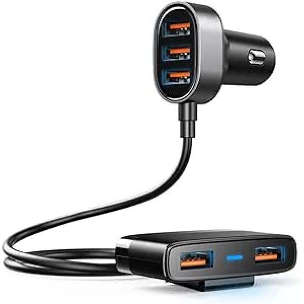 EEEKit automobilinio įkroviklio adapteris 5 prievadų greito įkrovimo automobilinis įkroviklis USB C 5V/3.1A automobilinis įkroviklis, skirtas galinės sėdynės įkrovimui, cigarečių degiklio adapteris su 1,5 m įkroviklio ilgintuvu, skirtu iPhone/