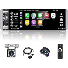 Hodozzy Car Radio 1 DIN Carplay un Android automašīna ar 5,1 collu IPS ekrānu, automašīnas radio Bluetooth, skārienekrānu ar spoguļa saiti/FM/USB/AUX/SWC/SD/mikrofonu/balss vadību + 12 LED atpakaļgaitas kameru