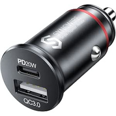 Syncwire cigarešu šķiltavas USB C 20 W un QC 18 W, metāla mini automašīnas lādētājs, automašīnas lādētājs ar divu portu PD un QC 3.0, iPhone 14 13 Pro 12 12 Pro 12 mini 11 XR X ātrā uzlāde, Samsung, Google utt.