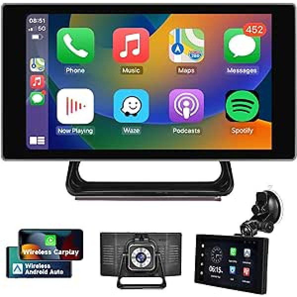 Bezvadu Apple Carplay un Android automašīna, Hodozzy 5 collu pārnēsājams automašīnas radio ar priekšējo 4K kameru, automašīnas radio Bluetooth, Carplay ekrāns ar DVR video ierakstīšanu/balss vadību/TF/AUX