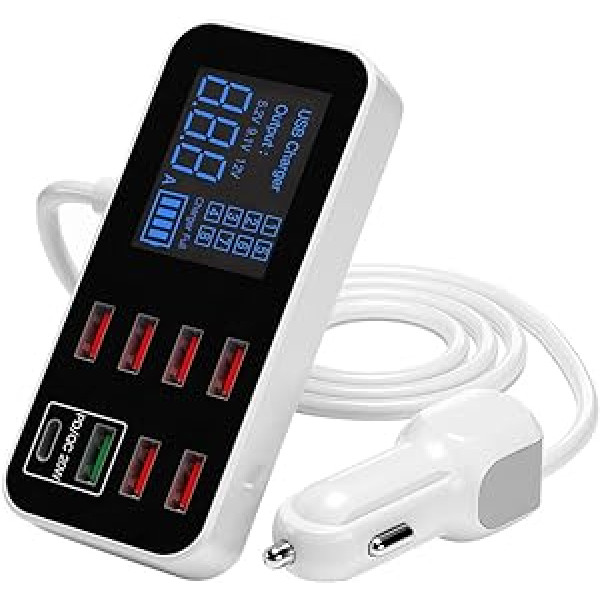 TenYua USB Multi-Port Charger, 8 Ports Car Charging Station with LCD Display, Ultra Thin Car Charger, PD QC3.0 Quick Charge for Mobile Phone