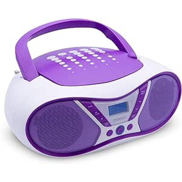 MOOOV Pop Purple pārnēsājams CD atskaņotājs, CD-R/CD-RW/CD-MP3 atskaņošana, FM radio, USB ports, stereo skaņa 6 W, ergonomisks rokturis, barošana ar elektrotīklu vai akumulatori - 477404