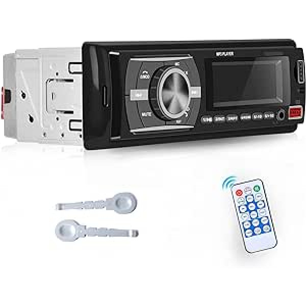 1 DIN automašīnas radio ar Bluetooth brīvroku komplektu Hikity 4 x 45 W automašīnas radio uztvērējs ar MP3 atskaņotāju WMA FM radio tālvadības pults Bluetooth 5.0 AUX TF Divi USB porti iOS/Android ierīcēm