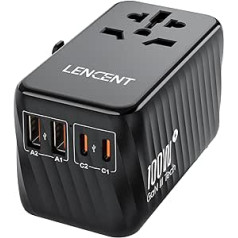 LENCENT International Travel Adapter, 100W GaN3 universālais adapteris ar 2 PD3.0 Type C+2 QC USB A, Vispasaules adapteris mobilajiem tālruņiem, Viss vienā ceļojumu spraudnis ES/ASV/UK/AU ligzdām, melns