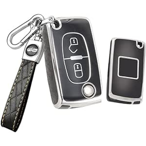 HIBEYO Flip Car Key Case Der Peugeot Key Case TPU aizsargmaciņam Peugeot 1007 3008 308 407 5008 Citroen Berlingo C1 C2 C3 atslēgu maciņa ādas atslēgu piekariņš melns partneris