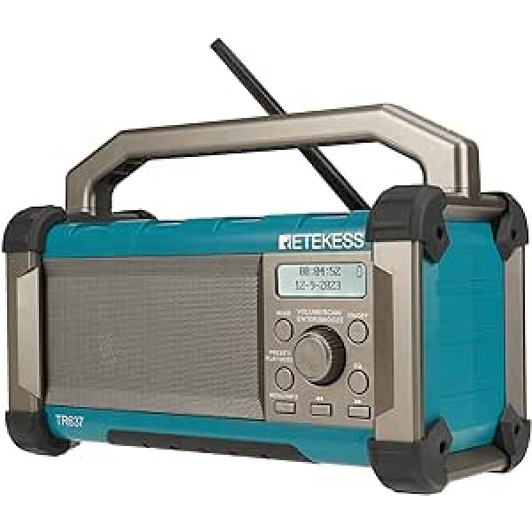 Retekess TR637 būvlaukuma radio, darba vietas radio ar Bluetooth, FM AM ar jaudīgu 4000 mAh akumulatoru, IP54 putekļu un ūdensnecaurlaidīgs ar USB lādētāju, pārnēsāšanas rokturi, augstais skaļrunis, piemērots