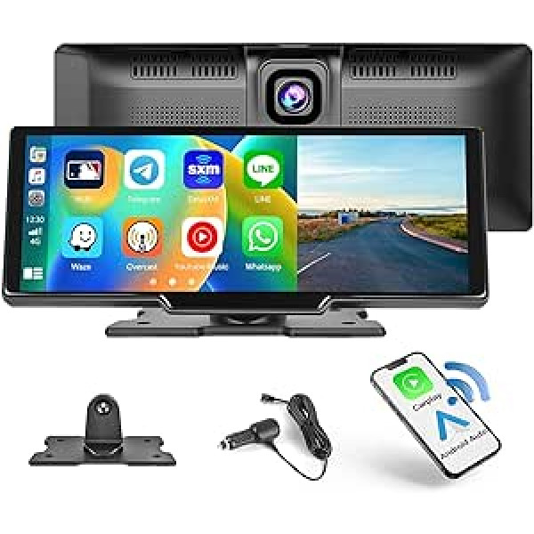 Hikity Wireless Carplay Android automašīna automašīnas radio ar Dash Cam, 9,3 collu skārienekrāna pārnēsājams automašīnas radio uztvērējs MP5 atskaņotājs, balss vadība, FM raidītājs, AUX/C/64G TF karte