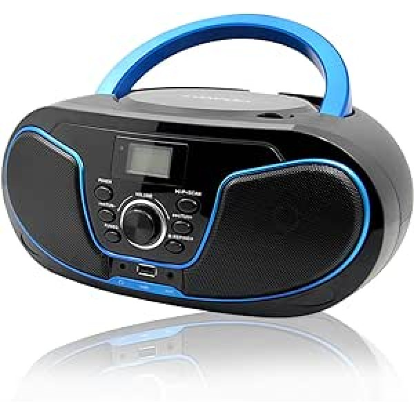 Pārnēsājams CD radio - bērnu CD atskaņotājs Boombox ar USB ieeju | AUX ieeja | Austiņu ligzda | USB atskaņotājs | FM radio (bez AM) | Kompakta sistēma 2 x 2 W RMS