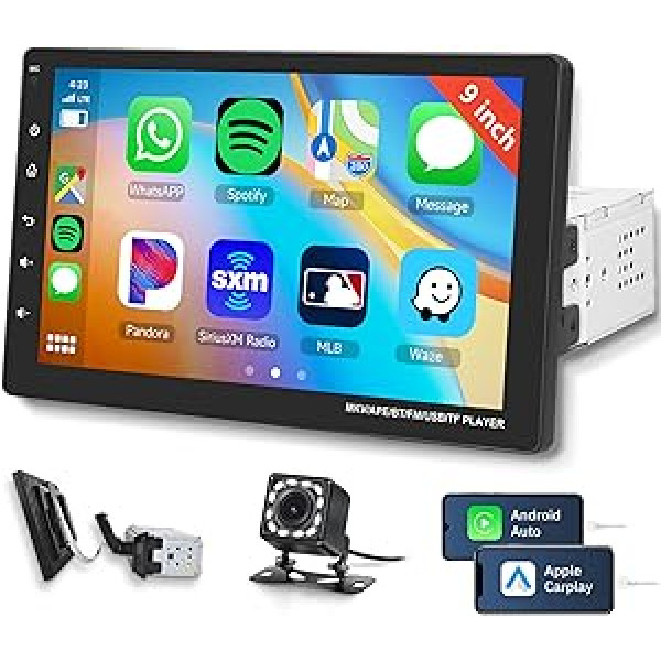 Apple Carplay Car Radio 1 DIN ar Android automašīnas Bluetooth brīvroku komplektu 9 collu skārienekrāna automašīnas radio ar Android/iPhone Mirror Link tālvadības pulti Bluetooth FM/TF/USB/AUX/SWC + atpakaļgaitas kamera