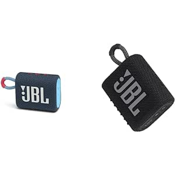 JBL GO 3 maza Bluetooth kārba zilā un rozā krāsā — ūdensnecaurlaidīgs pārnēsājams skaļrunis un GO 3 maza Bluetooth kaste melnā krāsā — ūdensnecaurlaidīgs pārnēsājams skaļrunis ceļošanai (1 iepakojumā)