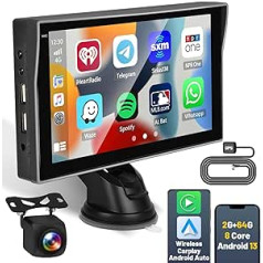 8-kodolu 2G + 32G Hikity Android 13 automašīnu radio, pārnēsājams ar bezvadu CarPlay bezvadu Android automašīnu, 7 collu IPS CarPlay displejs ar GPS Navigator FM atpakaļgaitas kameru vieglajām kravas automašīnām