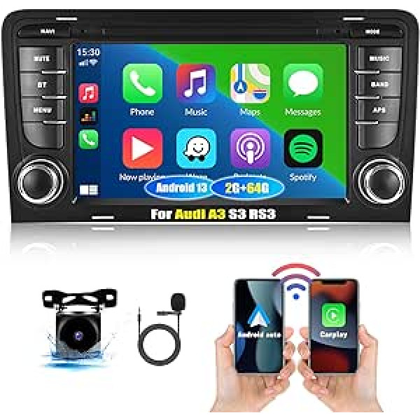 CAMECHO 2G + 64G Android 13 automašīnas radio ar satelīta navigāciju, bezvadu Carplay, Android automašīna Audi A3 S3 RS3 8P 8V 2003-2012, 7 collu ekrāna automašīnas radio ar Bluetooth WiFi FM/RDS Hi-Fi SWC MIC atpakaļgaitas kameru