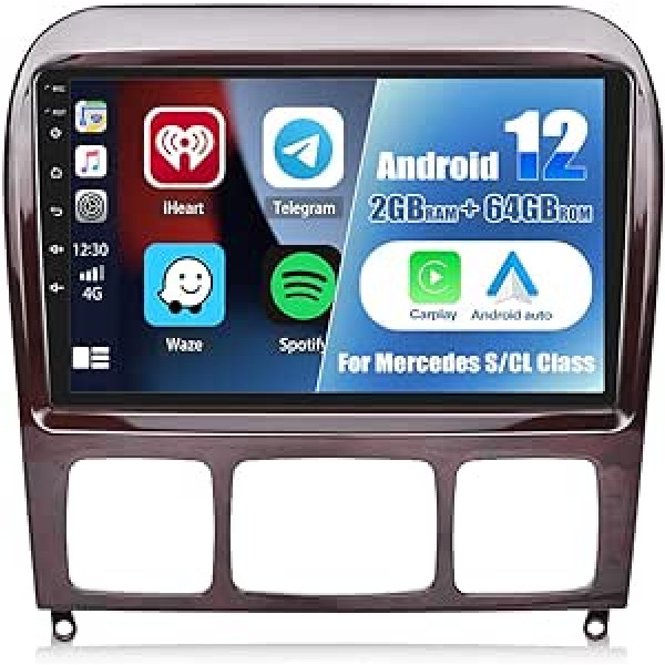 2G + 64G CAMECHO Android 12 Car Radio priekš Mercedes Benz S500 W220 1999-2007, Double DIN Car Radio ar navigāciju Carplay Android Car Bluetooth RDS + atpakaļskata kamera 9 collu ekrāns