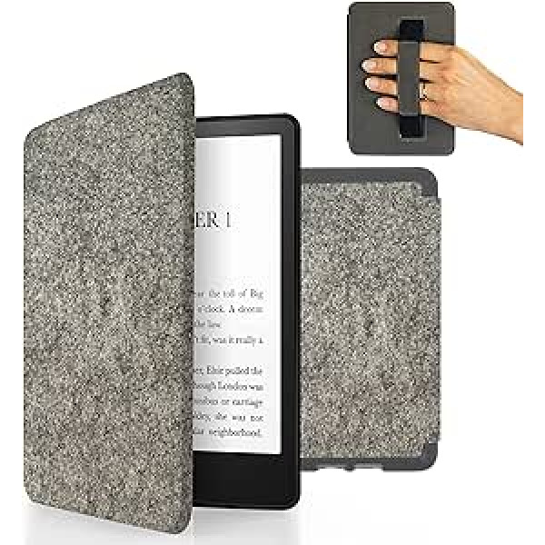 MyGadget filca futrālis Amazon Kindle 11. paaudzei (2022. gada modelis — 6 collas) ar rokas siksnu un automātiskās miega/pamošanās funkciju — gaiši pelēks