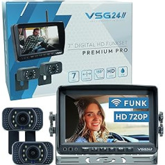 VSG 24 7 collu bezvadu atpakaļgaitas sistēma Premium Pro HD priekš dzīvojamajām mājām, zirga piekabes automašīnai, bezvadu automašīnas komplekts, 2x atpakaļgaitas kamera + monitors, numura zīmes kamera, modernizēta 12 V–24 V, digitāla, automašīnas aizmugu
