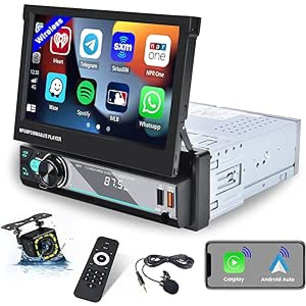 Hikity bezvadu Carplay automašīnas radio ar Blidschirm 1 DIN automašīnas radio Bluetooth ar 7 collu manuāli paplašināmu displeju bezvadu Android automašīnas spoguļa saite FM AM radio SWC USB AUX C tipa atpakaļgaitas kamera