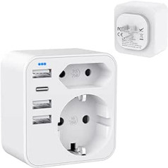 6-in-1 ASV adaptera ligzda, Vācija Spraudnis ar 3 USB 1 USB C (3,4 A), ar 2 ligzdas adapteriem, B tipa ceļojumu adapteris, piemērots Kanādai, Meksikai, Taizemei