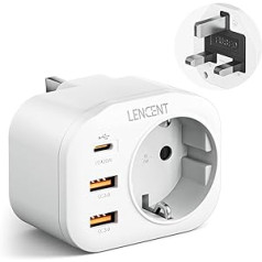 LENCENT ceļojumu adaptera strāvas adapteris Apvienotās Karalistes adapteris Anglijai Vācijā Spraudnis ar 2 USB QC3.0 + 1 tipa C PD pieslēgvietu, G tipa ceļojumu kontaktdakšas strāvas adapteris Apvienotās Karalistes Īrijas ligzdai