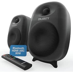 MAJORITY D80 Active Bluetooth HDMI ARC lentyninis garsiakalbis, 80 W 4 colių tvarkyklė, šilko kupolo aukštų dažnių garsiakalbis, HiFi stereo studijos garsiakalbis, skirtas televizoriui ir kompiuteriui, USB, AUX, optinis, pasirinktinis EQ ir nuotolinio val