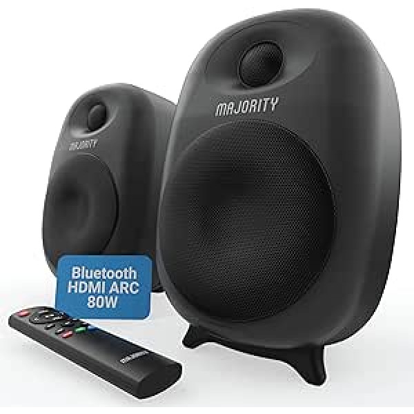 MAJORITY D80 Active Bluetooth HDMI ARC plaukta skaļrunis, 80 W 4 collu draiveris, zīda kupola augstfrekvences skaļrunis, HiFi stereo studijas skaļrunis televizoram un personālajam datoram, USB, AUX, optiskais, pielāgots EQ un tālvadības pults